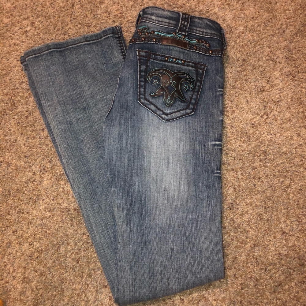 Cowgirl Tuff teal & leather jeans